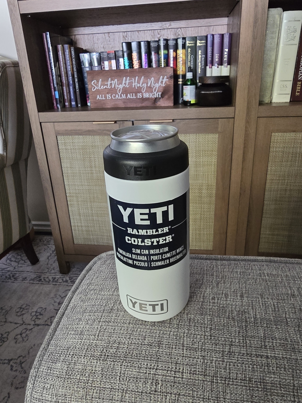 Yeti Rambler Colster Slim Can Insulator in White with Black Lid